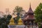 sunrise above pagodas at Wat Chedi Luang Chiang Mai.