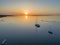 Sunrise aerial seascape view of Olhao dockyard, waterfront to Ria Formosa natural park with Armona island in background