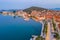 Sunrise aerial view of Riva promenade in Split with Marjan hill, Croatia