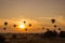 Sunrise at Bagan Myanmar, silhouette pagodas and balloon