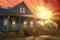 sunrise beams illuminating farmhouse and porch, magazine style illustration