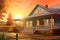 sunrise beams illuminating farmhouse and porch, magazine style illustration