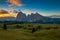 Sunrise in beautiful landscape of Alpe di siusi - Seiser alm in Dolomite