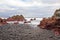 Sunrise on black sand volcanic beach. Tenerife