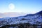 Sunrise in Blue Town Chefchaouen in Morocco . View from above.