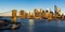 Sunrise on the Brooklyn Bridge and the skyscrapers of Lower Manhattan. New York City