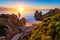 Sunrise at Camilo beach in Lagos, Algarve, Portugal. Wooden footbridge to the beach Praia do Camilo, Portugal. Picturesque view of