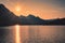 Sunrise on Canadian rockies with colorful sky on Medicine Lake at Jasper national park