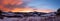 Sunrise Carpathian mountain winter panorama.