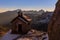 Sunrise at chapel Passo Pordoi in Dolomites in Italy