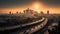 sunrise cityscape skyline view of downtown Los Angeles style western city, neural network generated photorealistic image