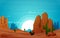 Sunrise Cliff Desert Country Cactus Travel Vector Flat Design Illustration