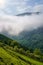 Sunrise among the clouds of the mountains in a green landscape. Santander