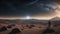 sunrise in the desert of an alien world, A space scene with a starfield, and a galaxy on of
