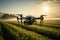 Sunrise drone flight analyzing agricultural fields for precision farming assessment