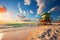 Sunrise embrace Miami\\\'s South Beach with lifeguard tower, vibrant clouds, and blue skies