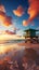 Sunrise embrace Miami\\\'s South Beach with lifeguard tower, vibrant clouds, and blue skies