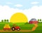 Sunrise on the farm. Rural landscape with hangar and red tractor with trailer and harvest.Flat vector illustration