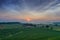 Sunrise fog in morning field mist landscape