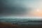 Sunrise in a foggy forest, sunlight through the haze, beautiful morning landscape. Generative AI