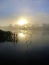 Sunrise in foggy morning on Shannon river.