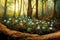 Sunrise in the forest, covered in blue flowers in spring. Woodland illustration, digital art