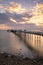 Sunrise golden light over Llandudno Pier in the Victorian seaside resort in North Wales