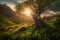 Sunrise in the highlands. Old tree, spring grass in the foreground. Landscape with the sun. Morning in the mountains