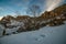 Sunrise in Himalayan Village in Mountain valley during sunrise. Natural Winter landscape