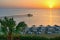 Sunrise on the idyllic beach with palms and sun umbrelas, Red Sea, Egypt