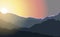 Sunrise illustration over high mountain peaks.