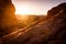 Sunrise inside of Skyline Arch in Arches National Park in Utah