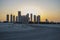 Sunrise in Jadaf area of Dubai, view of Dubai creek Harbor construction of which is partially completed