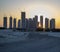 Sunrise in Jadaf area of Dubai, view of Dubai creek Harbor construction of which is partially completed