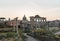 Sunrise landscapes of the empty Roman Forum, view of the Temple of Vespasian and Titus