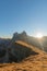 Sunrise landscapes in Seceda with clear blue sky in Dolomites, South Tyrol, Italy