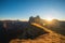 Sunrise landscapes in Seceda with clear blue sky in Dolomites, South Tyrol, Italy