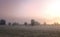 Sunrise with a light morning mist on a wide field with some frost in the winter and trees in the background in Germany