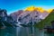 Sunrise light on the Mount Seekofel of the Dolomites at the Lake
