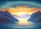 Sunrise with majestic colorful clouds above the mountain lake. Vector illustration