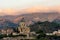 sunrise at messina harbor, view on city center, italy