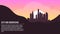 Sunrise in the metropolis. Morning city. Big skyscrapers. A place for your project. Hilly dark mountains. Purple Sunrise