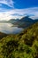 Sunrise in the morning at lake Atitlan, Guatemala - amazing panorama view to the volcanos San Pedro, Toliman and Atitlan