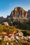 Sunrise morning view of Tofane mountains Tofana di Rozes from Rifugio Cinque Torri. Autumn landscape in Dolomites, Trentino Alto