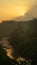 Sunrise on Mount Merbabu with the Pabelan river foreground.