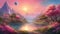 sunrise in the mountains _A beautiful and serene planet with lush and colorful flora, crystal lakes, and a pink sky.