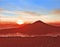 Sunrise in the mountains digital illustration. Spectacular sunrise landscape image. Retro poster