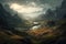 sunrise in the mountains. A moody landscape. Generative AI