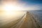 Sunrise in a nature. Sea and beatifull beach with girl. Silence. Natural background. Sunlight