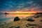 Sunrise over the beach and torpedo platform at Baltic Sea in Babie Doly, Gdynia. Poland